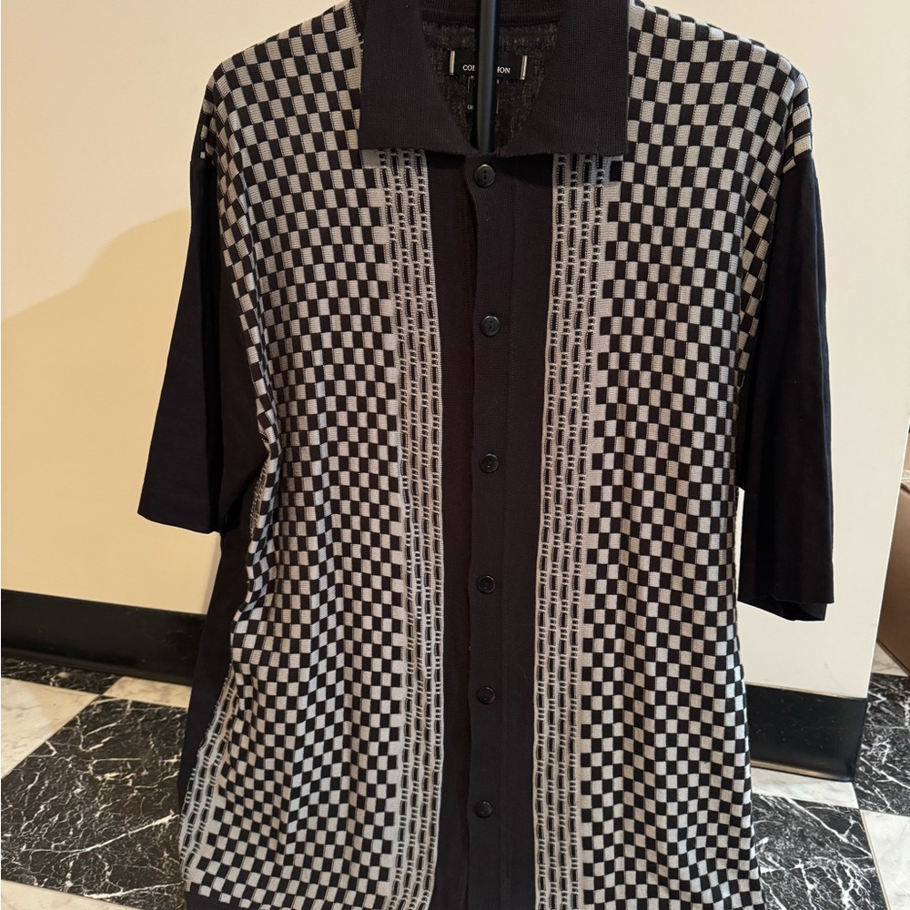 GB Collection Linen Shirt Medium Black Gray Check Retro Camp Style